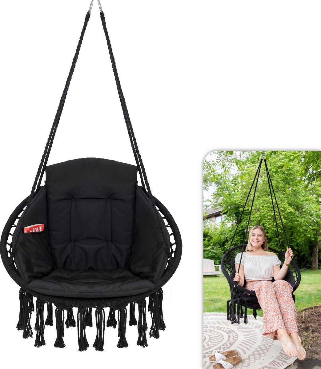 Vita5 Macramé Hangstoel - Voor Binnen En Buiten - Zonder Standaard - Incl. Kussen, Boekenvak En Beschermhoes - Tot 150kg - Zwart 3 Vita5 Macramé Hangstoel - Voor Binnen En Buiten - Zonder Standaard - Incl. Kussen, Boekenvak En Beschermhoes - Tot 150kg - Zwart