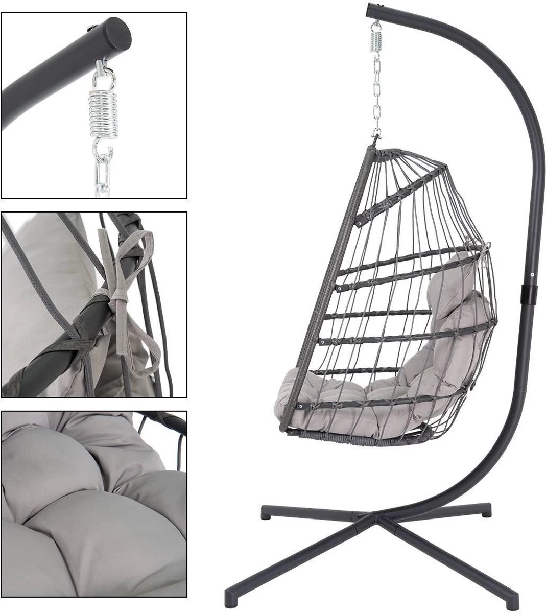 Pro Garden Lowander Hangstoel Egg 191x126x126- Schommelstoel Met Rattan Cocoon En Robuust Stalen Standaard Incl. Kussens - Volledig Inklapbaar - Lichtgrijs 14 Pro Garden Lowander Hangstoel Egg 191x126x126- Schommelstoel Met Rattan Cocoon En Robuust Stalen Standaard Incl. Kussens - Volledig Inklapbaar - Lichtgrijs - Afbeelding 12