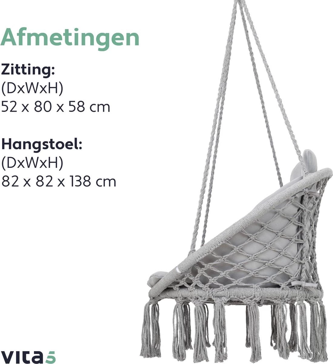 Vita5 Macramé Hangstoel - Voor Binnen En Buiten - Zonder Standaard - Incl. Kussen, Boekenvak En Beschermhoes - Tot 150kg - Grijs 9 Vita5 Macramé Hangstoel - Voor Binnen En Buiten - Zonder Standaard - Incl. Kussen, Boekenvak En Beschermhoes - Tot 150kg - Grijs - Afbeelding 7