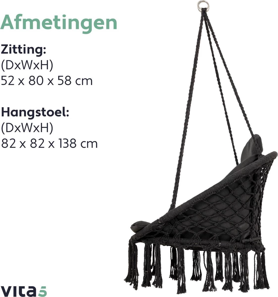 Vita5 Macramé Hangstoel - Voor Binnen En Buiten - Zonder Standaard - Incl. Kussen, Boekenvak En Beschermhoes - Tot 150kg - Zwart 10 Vita5 Macramé Hangstoel - Voor Binnen En Buiten - Zonder Standaard - Incl. Kussen, Boekenvak En Beschermhoes - Tot 150kg - Zwart - Afbeelding 8