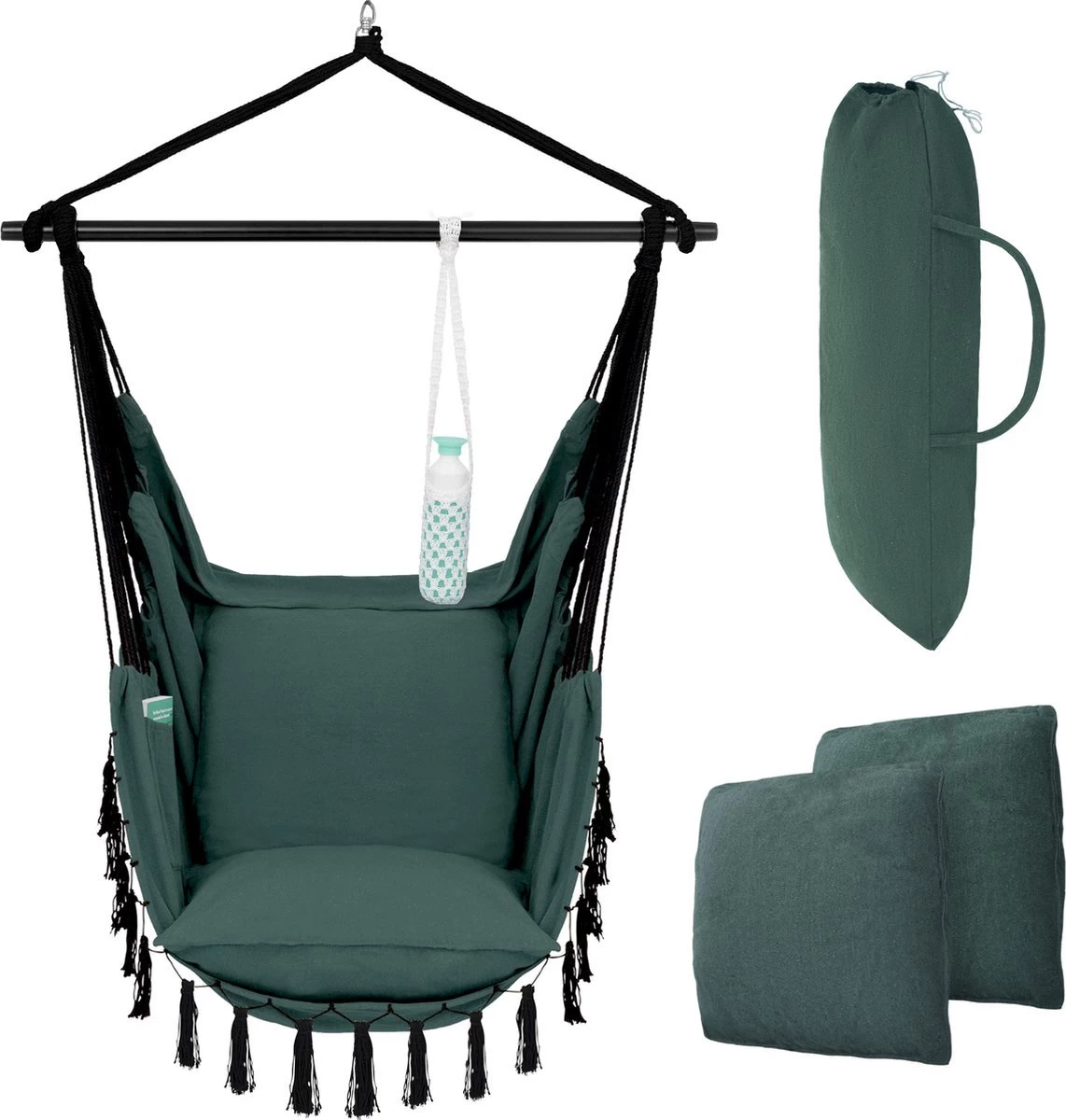 Vita5 XXL Hangstoel | Binnen&Buiten Hangnest | Incl. 2 Kussens En Boekenvak | Volwassenen&Kinderen | Hangmatstoel Tot 225kg | Donkergroen 12 Vita5 XXL Hangstoel | Binnen&Buiten Hangnest | Incl. 2 Kussens En Boekenvak | Volwassenen&Kinderen | Hangmatstoel Tot 225kg | Donkergroen - Afbeelding 10