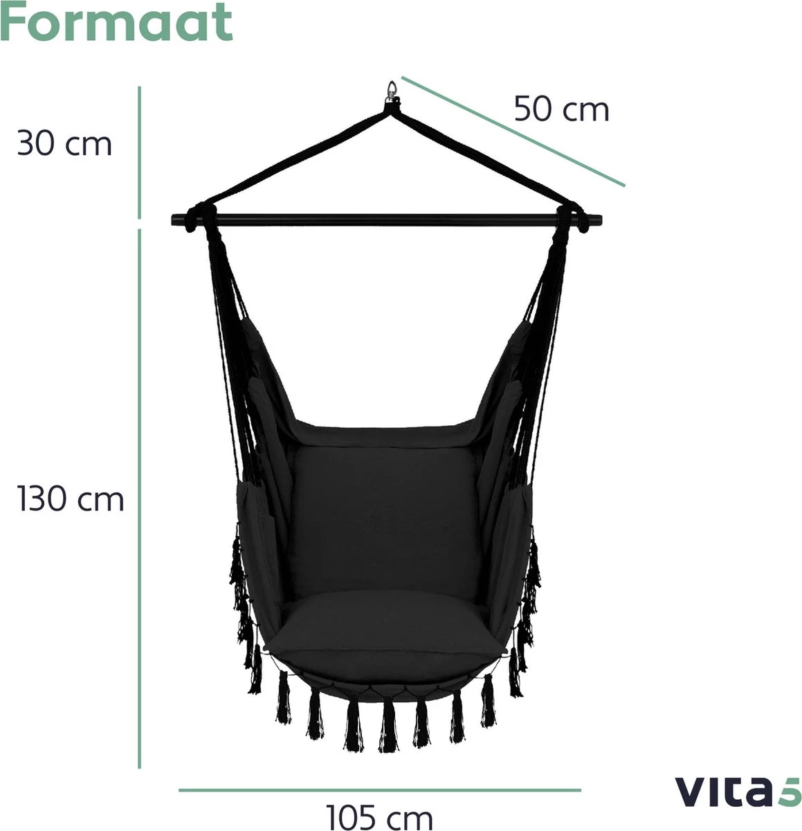 Vita5 XXL Hangstoel - Binnen&Buiten Hangnest - Incl. 2 Kussens En Boekenvak - Volwassenen&Kinderen - Hangmatstoel Tot 225kg - Zwart 8 Vita5 XXL Hangstoel - Binnen&Buiten Hangnest - Incl. 2 Kussens En Boekenvak - Volwassenen&Kinderen - Hangmatstoel Tot 225kg - Zwart - Afbeelding 6