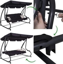 Springos Schommelbank | Linda-Schommel | 3-zits | Waterafstotend | Inclusief 2 Kussens | Verstelbare Luifel | 162 X 200 X 120 Cm | Zwart -Tuin Aanleg 1186x1200