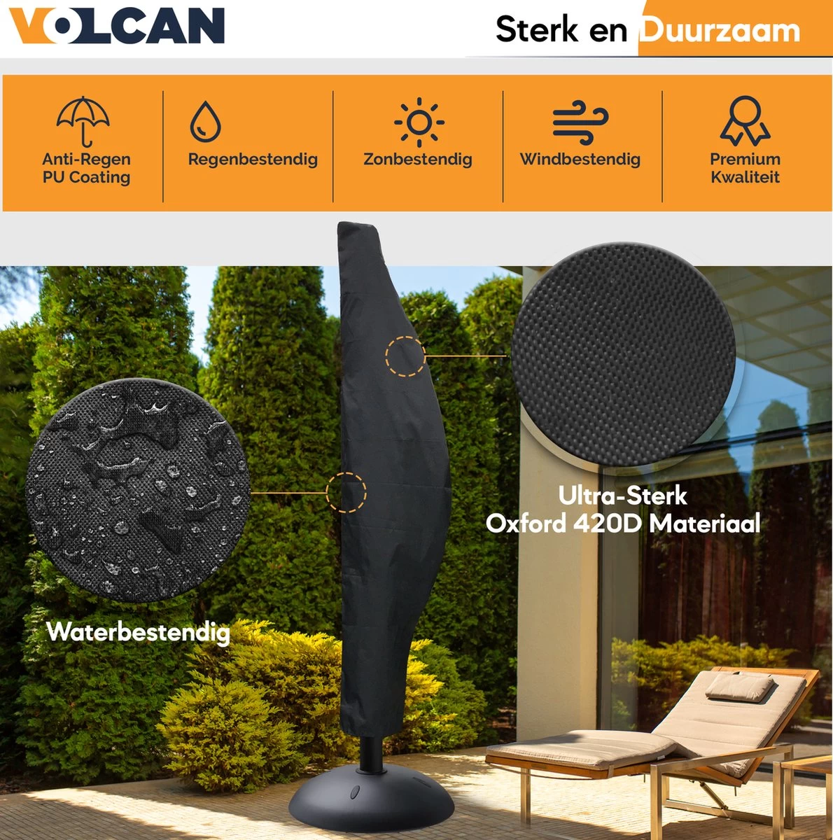 Volcan Parasolhoes Voor Zweefparasol - Tot 300cm - Waterdicht - Oxford 420D - Met Rits, Trekkoord En Stok - Zwart 6 Volcan Parasolhoes Voor Zweefparasol - Tot 300cm - Waterdicht - Oxford 420D - Met Rits, Trekkoord En Stok - Zwart - Afbeelding 4