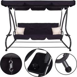 Springos Schommelbank | Linda-Schommel | 3-zits | Waterafstotend | Inclusief 2 Kussens | Verstelbare Luifel | 162 X 200 X 120 Cm | Zwart -Tuin Aanleg 1194x1200 2