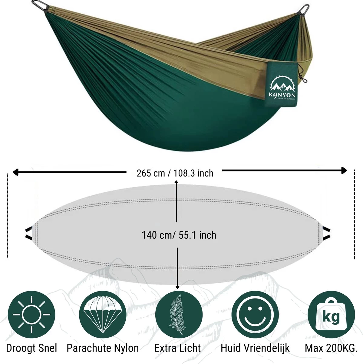 Kanyon Hangmat - Incl. Karabijnhaken En Riemen - Licht Parachutestof - 260 X 140 Cm - Tot 200kg - Groen/Khaki 4 Kanyon Hangmat - Incl. Karabijnhaken En Riemen - Licht Parachutestof - 260 X 140 Cm - Tot 200kg - Groen/Khaki - Afbeelding 2