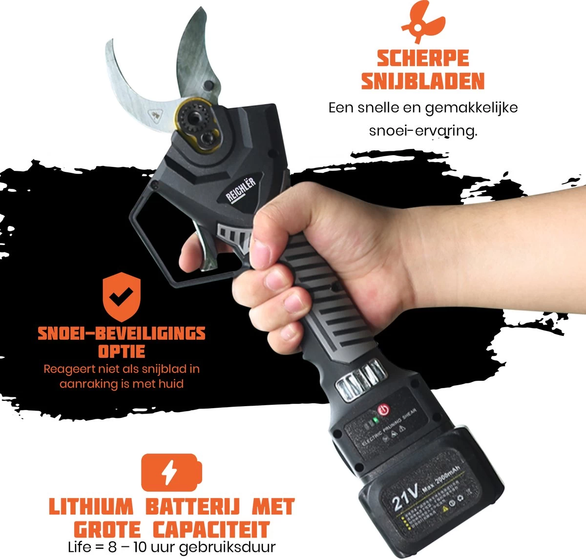 Reichlër® Elektrische Snoeischaar - 40 Mm Snijdiameter - 2x Accu - Anti-cut Functie - Heggenschaar - Takkenschaar - Zwart 6 Reichlër® Elektrische Snoeischaar - 40 Mm Snijdiameter - 2x Accu - Anti-cut Functie - Heggenschaar - Takkenschaar - Zwart - Afbeelding 4