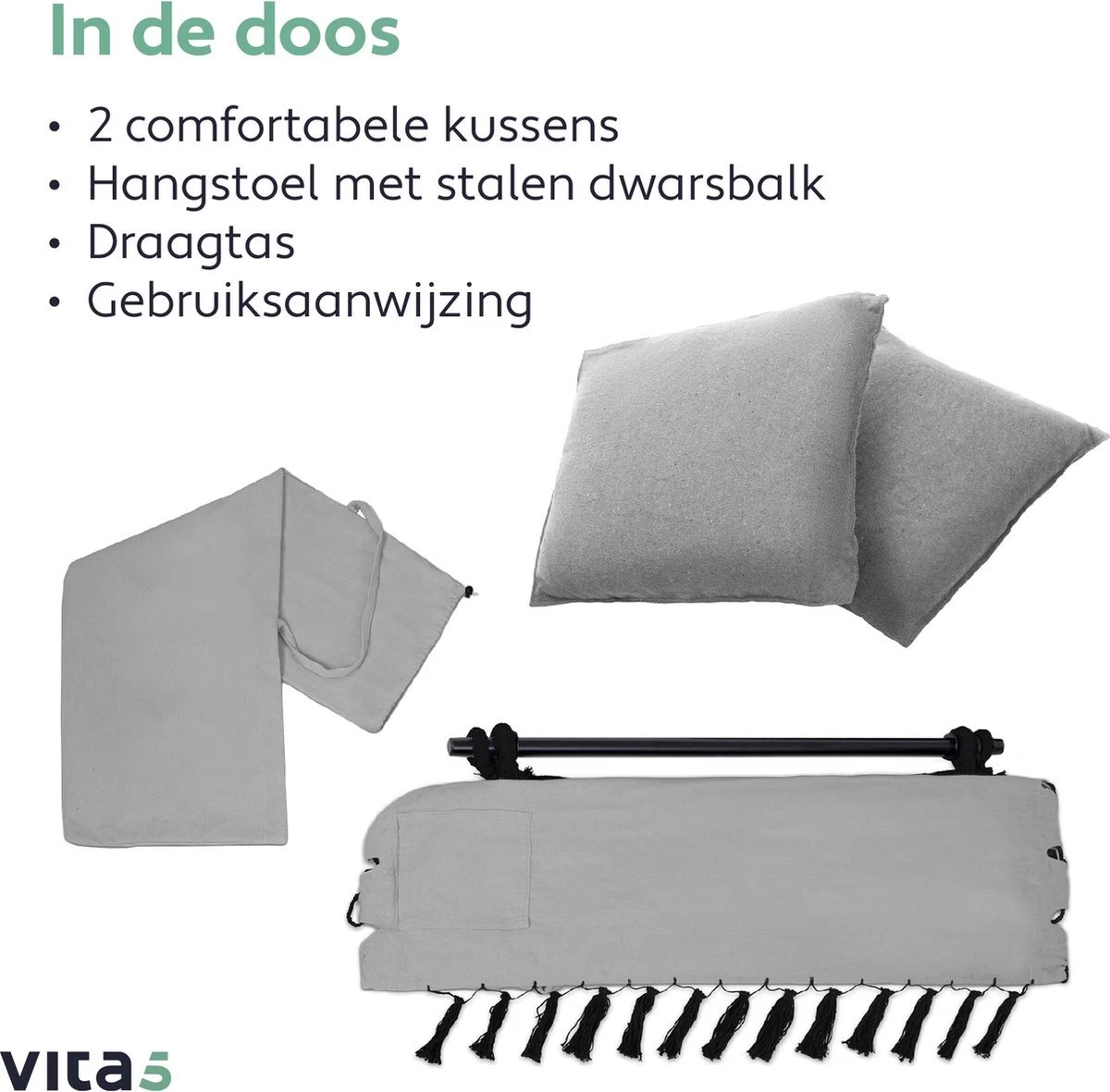 Vita5 XXL Hangstoel | Binnen&Buiten Hangnest | Incl. 2 Kussens En Boekenvak | Volwassenen&Kinderen | Hangmatstoel Tot 225kg | Grijs 10 Vita5 XXL Hangstoel | Binnen&Buiten Hangnest | Incl. 2 Kussens En Boekenvak | Volwassenen&Kinderen | Hangmatstoel Tot 225kg | Grijs - Afbeelding 8