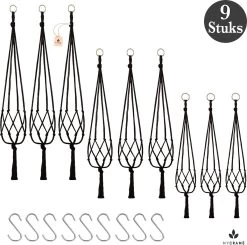 9 Stuks Zwart Macrame Plantenhangers - Boho Handgeweven Katoen Hangpot Voor Binnen/Buiten - Hangende Bloempot Met Kralen - Macramé Touw/Koord Hangplant Houder - Bohemian Wandhanger Decoratie - Plant Hanger - Verticale Tuin Bloempothouder Planthanger
