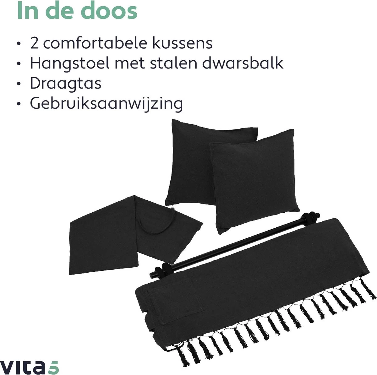 Vita5 XXL Hangstoel - Binnen&Buiten Hangnest - Incl. 2 Kussens En Boekenvak - Volwassenen&Kinderen - Hangmatstoel Tot 225kg - Zwart 13 Vita5 XXL Hangstoel - Binnen&Buiten Hangnest - Incl. 2 Kussens En Boekenvak - Volwassenen&Kinderen - Hangmatstoel Tot 225kg - Zwart - Afbeelding 11