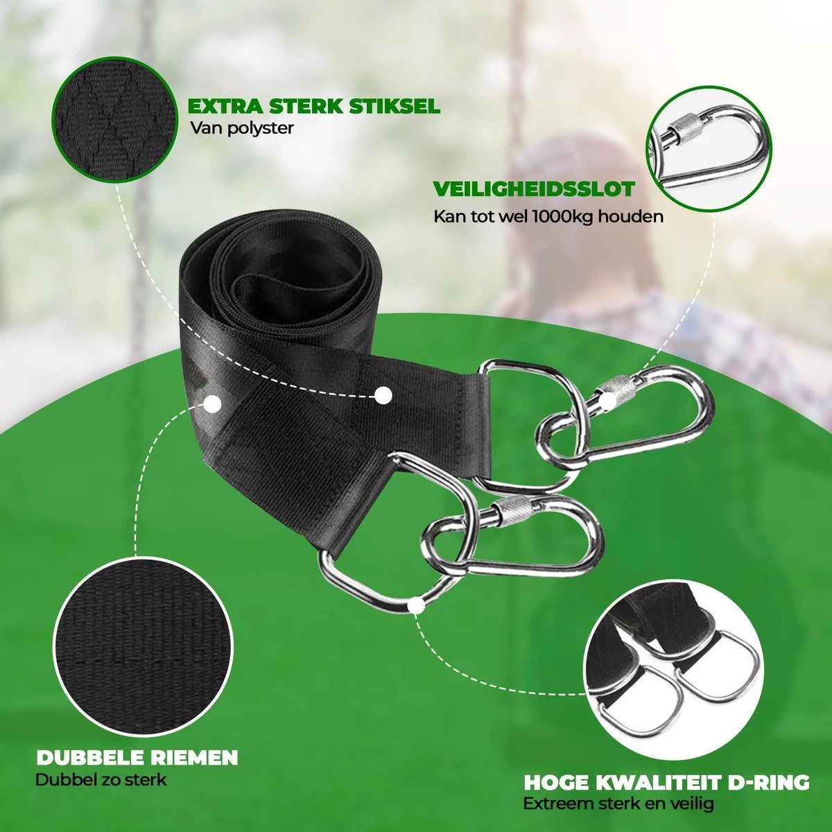 4House Ophang Koord Voor Hangmat, Hangstoel / Schommel - Hangmat Bevestigingsset Inclusief Haken - Karabijnhaak - Hangmat Standaard -Schommelophangset - Hangmat Ophangsysteem -150cm - Tot 1000kg - Boomvriendelijke Hangmat Ophangset - Set Van 2Stuks 4 4House Ophang Koord Voor Hangmat, Hangstoel / Schommel - Hangmat Bevestigingsset Inclusief Haken - Karabijnhaak - Hangmat Standaard -Schommelophangset - Hangmat Ophangsysteem -150cm - Tot 1000kg - Boomvriendelijke Hangmat Ophangset - Set Van 2Stuks - Afbeelding 2