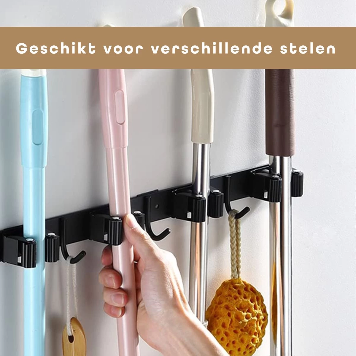 Bezem Ophangsysteem – Bezemhouder – Tuingereedschap – RVS – 5 Houders – 6 Haken - BAULK® 5 Bezem Ophangsysteem – Bezemhouder – Tuingereedschap – RVS – 5 Houders – 6 Haken - BAULK® - Afbeelding 3