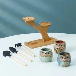 Luxe Bamboe Houten Boom Met 3 Keramiek Uil Bloempotten/Plantenpotten Op Standaard/Voet Voor Binnen En Buiten - Modern Design Bloempot/Plantenpot Op Poten/Pootjes-Plantenbak Mini Cactus Nep Plant Pot Houder - Kleine Bloembakken Plantenrek/Plantenkurk -Tuin Aanleg 1200x1200 2328