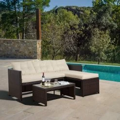 Teamson Home 3-Delig Hoek Loungeset - Tuinmeubelen - Tuinbank - Omvat Tafel En Kussens - Rotan - Bruin/Wit -Tuin Aanleg 1200x1200 24