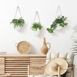 Gadgy Plantenhanger Keramiek - Set Van 3 - Hangpot Van Wit Steen - Hangende Bloempot Plantenpot - Met 3 Verschillende Koorden - 12x11x9.5CM -Tuin Aanleg 1200x1200 2412