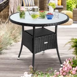 Casaria Polyrattan Bijzettafel 80cm Rond - 5mm Veiligheidsglas – Zwart -Tuin Aanleg 1200x1200 655