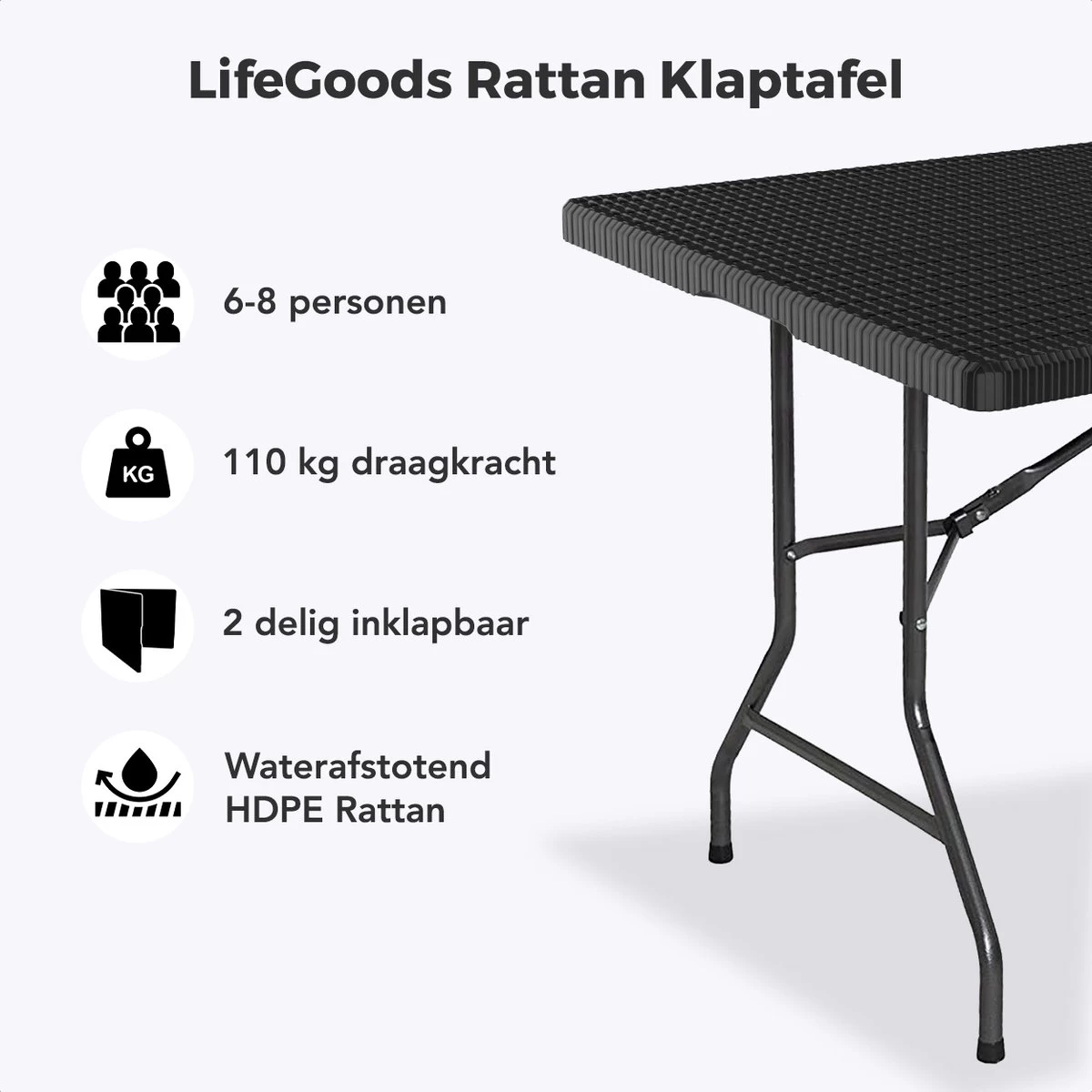 LifeGoods Klaptafel - Inklapbaar - 180 Cm - 6 Tot 8 Personen - Zwart 4 LifeGoods Klaptafel - Inklapbaar - 180 Cm - 6 Tot 8 Personen - Zwart - Afbeelding 2