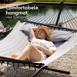 Vita5 Hangmat Met Standaard En Spreidstok – 2 Persoons – Incl. Bekerhouder - Afneembaar Kussen – Uv-bestendig – Lichtgrijs -Tuin Aanleg 1200x1200 843