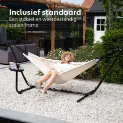 Vita5 Hangmat Met Standaard – 2 Persoons – Incl. Bekerhouder – 205kg Draaggewicht – Beige/Wit -Tuin Aanleg 1200x1200 893