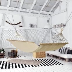 Merkloos Hangmat - Incl Bevestigingshaak - Met Spreidstok - Beige - Comfortabel - Met Karabijnhaak