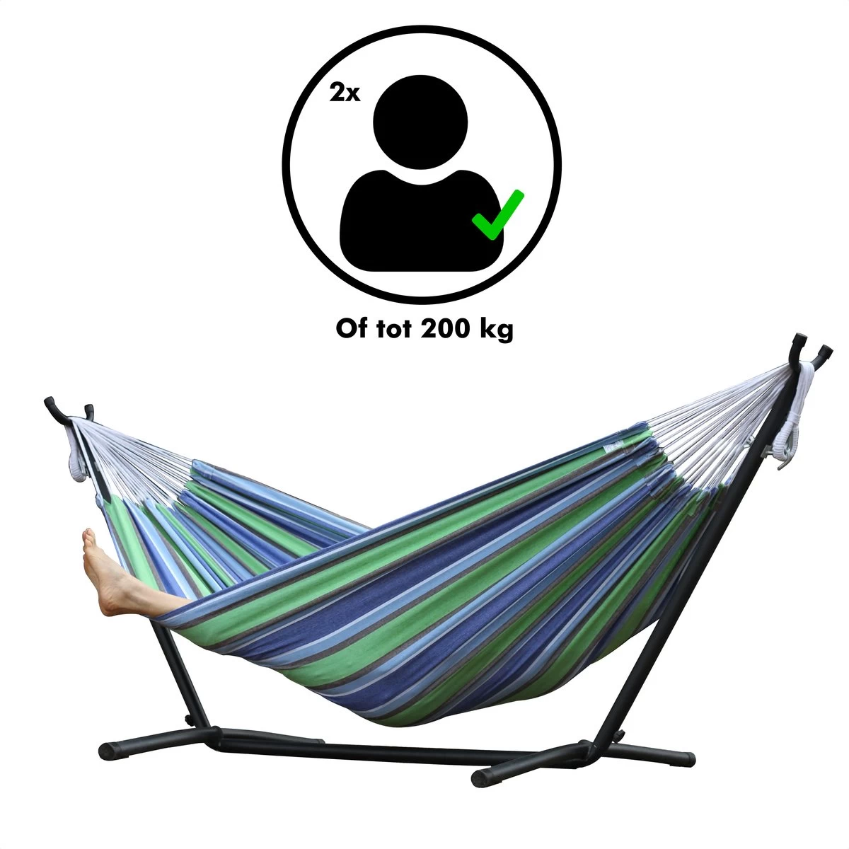 Hangmat Met Standaard En Opbergtas – 2 Persoons – Max. Draaggewicht 200Kg – Hangmatset – Hangmatten – Hang Mat Voor Binnen En Buiten – Hangmatstandaard – Hammock – Blauw / Groen 7 Hangmat Met Standaard En Opbergtas – 2 Persoons – Max. Draaggewicht 200Kg – Hangmatset – Hangmatten – Hang Mat Voor Binnen En Buiten – Hangmatstandaard – Hammock – Blauw / Groen - Afbeelding 5
