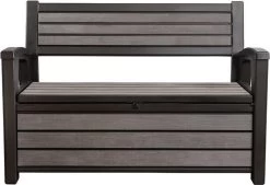 Keter - Hudson Bench Box - 2-zits Bank - Opbergbox - Hout Look & Feel - 227L - 138x63x89cm - Antraciet -Tuin Aanleg 1200x822