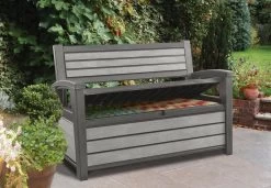 Keter - Hudson Bench Box - 2-zits Bank - Opbergbox - Hout Look & Feel - 227L - 138x63x89cm - Antraciet -Tuin Aanleg 1200x832 1