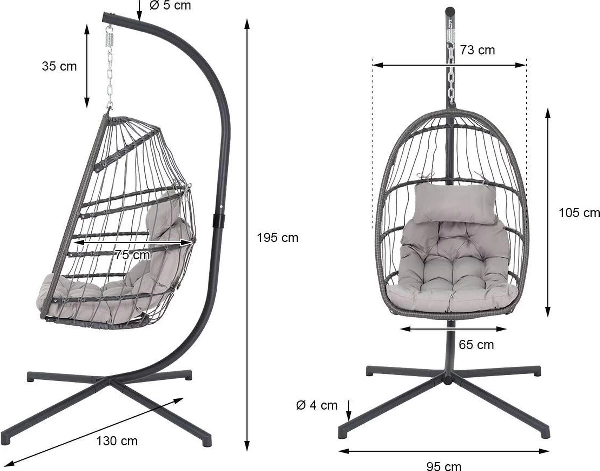 Pro Garden Lowander Hangstoel Egg 191x126x126- Schommelstoel Met Rattan Cocoon En Robuust Stalen Standaard Incl. Kussens - Volledig Inklapbaar - Lichtgrijs 15 Pro Garden Lowander Hangstoel Egg 191x126x126- Schommelstoel Met Rattan Cocoon En Robuust Stalen Standaard Incl. Kussens - Volledig Inklapbaar - Lichtgrijs - Afbeelding 13