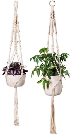 Plantenhanger - Plantenhanger Macrame - Set Van 2 - Wit - Knopen - Luxe Gevlochten Touw - Met Ophang Haken - Fienosa