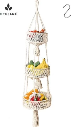 Macramé 3-Laags Hangende Fruitmand - Bohemian Mand Plantenhanger - Handgemaakt Katoen Touw Fruitschaal Hangmand - Boho Ophangbaar Etagere - Decoratieve Fruit Schaal/Basket - Opbergmand Organizer - Keuken/Balkon Decoratie - Hangpot Voor Binnen/Buiten