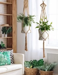 5 Stuks Jute Macrame Plantenhangers - Boho Handgeweven Katoen Hangpot Voor Binnen/Buiten - Hangende Bloempot Met Kralen - Macramé Touw/Koord Hangplant Houder - Bohemian Wandhanger Decoratie - Plant Hanger - Verticale Tuin Bloempothouder Planthanger -Tuin Aanleg 923x1200 5
