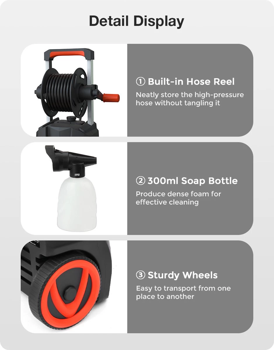 Merkloos Home Hogedrukreiniger - 2100W - 165 Bar - Met Verstelbare Nozzles Slanghaspel 5m Netsnoer 10m Slang - Voor Reiniging Huis Auto Tuin 4 Merkloos Home Hogedrukreiniger - 2100W - 165 Bar - Met Verstelbare Nozzles Slanghaspel 5m Netsnoer 10m Slang - Voor Reiniging Huis Auto Tuin - Afbeelding 2